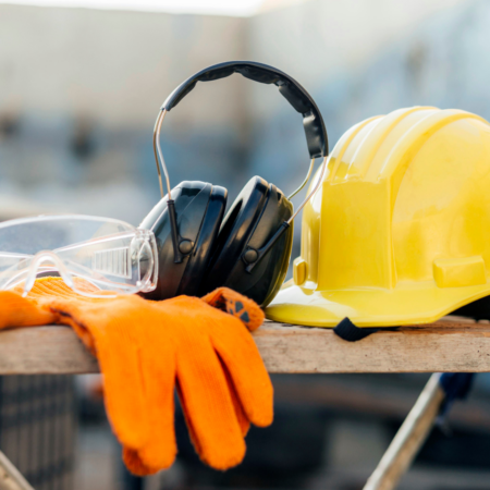 Dispositivi di sicurezza per cantiere con casco, guanti, occhiali e cuffie protettive